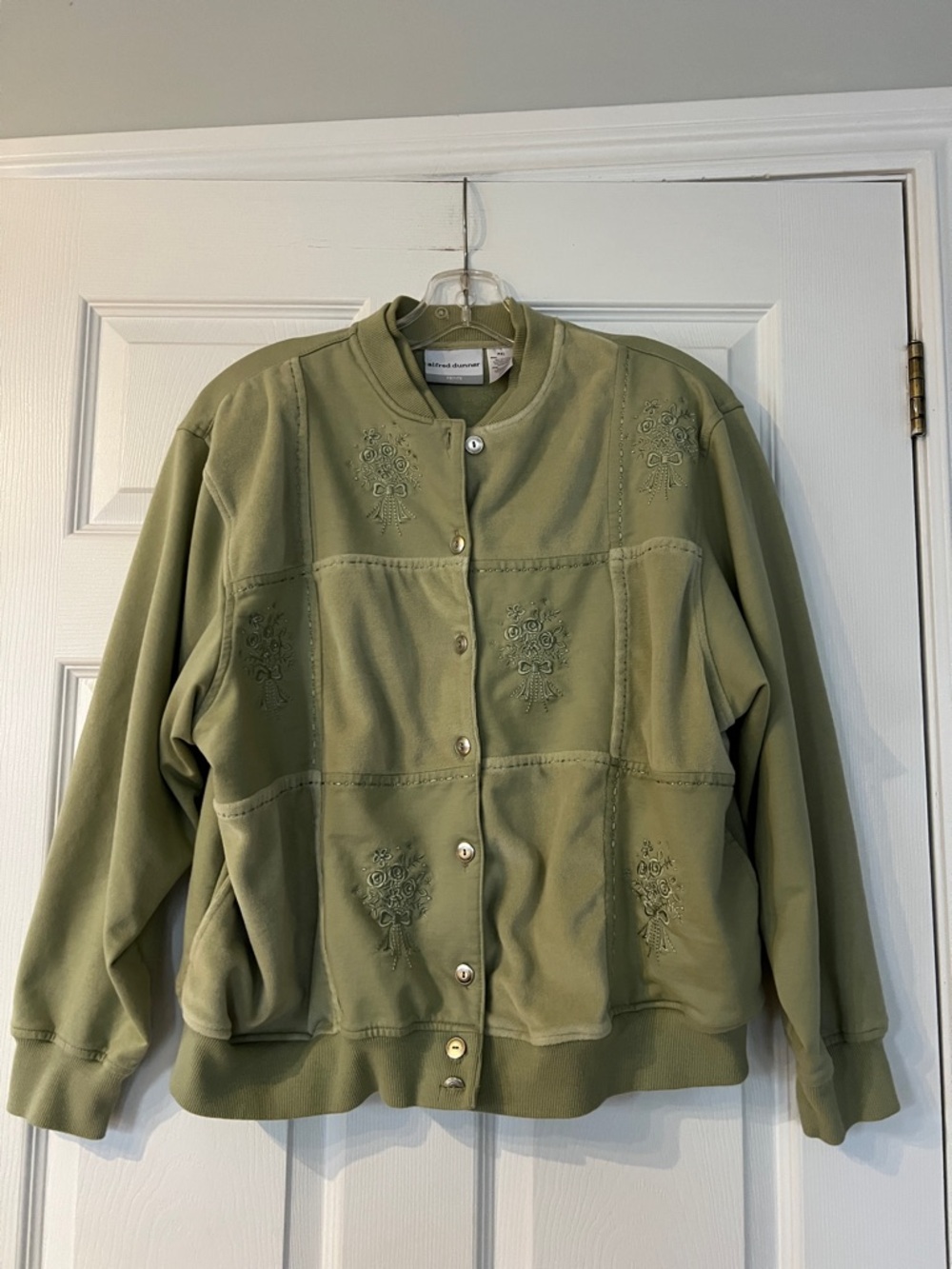 Alfred Dunner Light Olive Embroidered Bomber Jacket